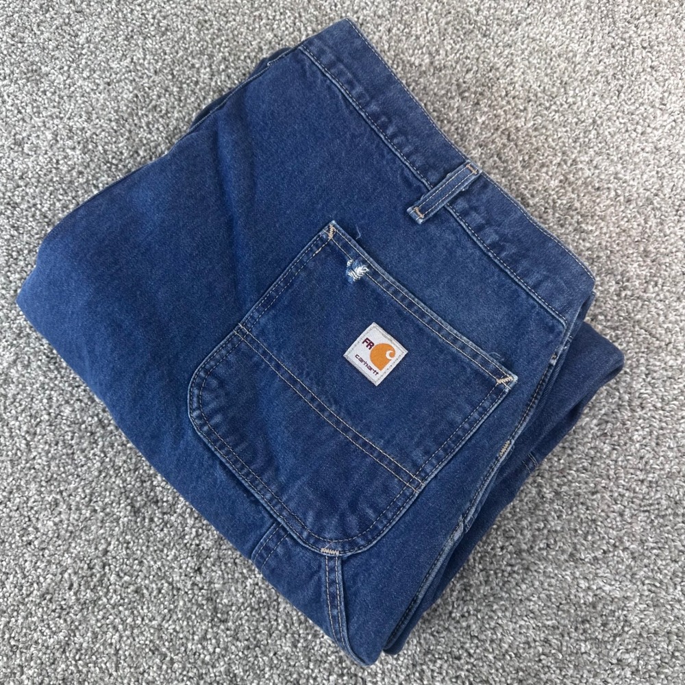 Carhartt FR Dungaree Jeans Mens 46x32 Blue Industrial Workwear CAT 2 READ